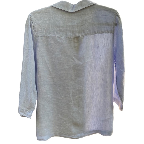 Tahari Blue 100% Linen V-neck Top Shell Button Detail 3/4 Sleeves EUC Size L - Picture 3 of 6